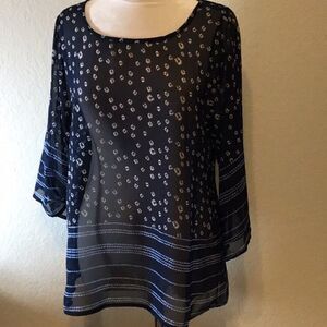 Hannah Boho Sheer Indigo Blue Top Scoop Neck Slip On Blouse Bell Sleeves Small